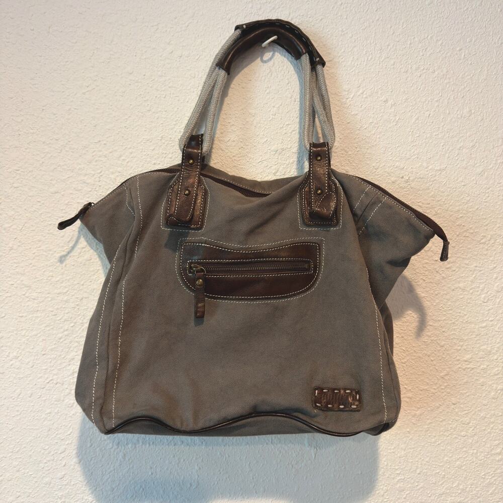Gray Canvas with Brown Leather Rope Handle Boho Gorpcore Bed Stu Hobo Bag